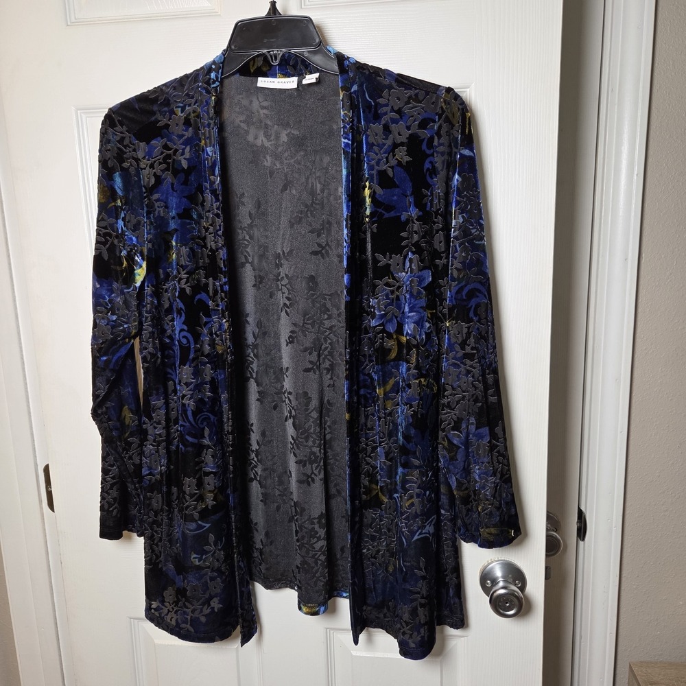 Susan Graver XLP velvet burnout floral open front cardigan jacket topper artsy